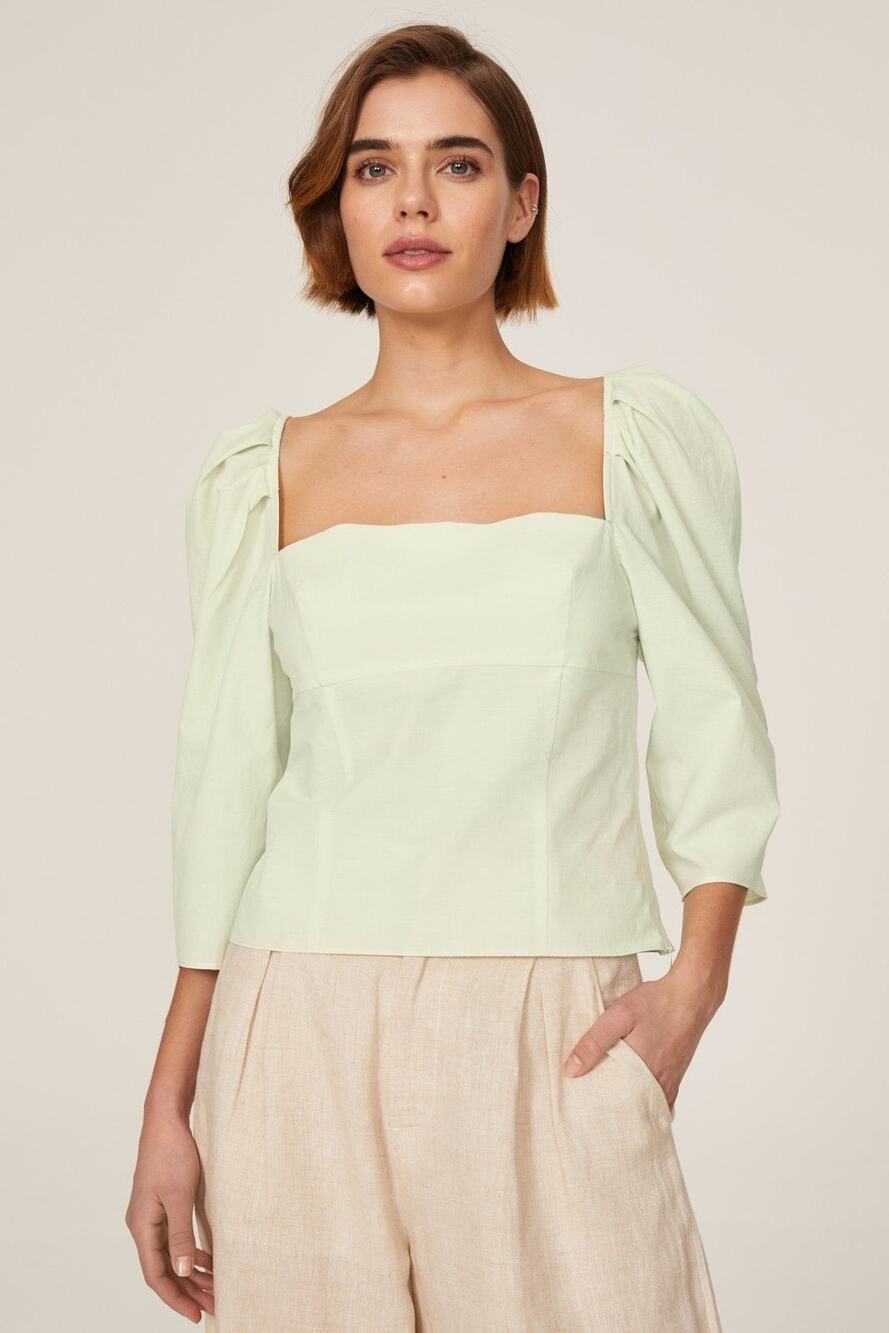 VINCE Green Cotton Square Neckline Three-Quarter Sleeves Draped Top Size 12
